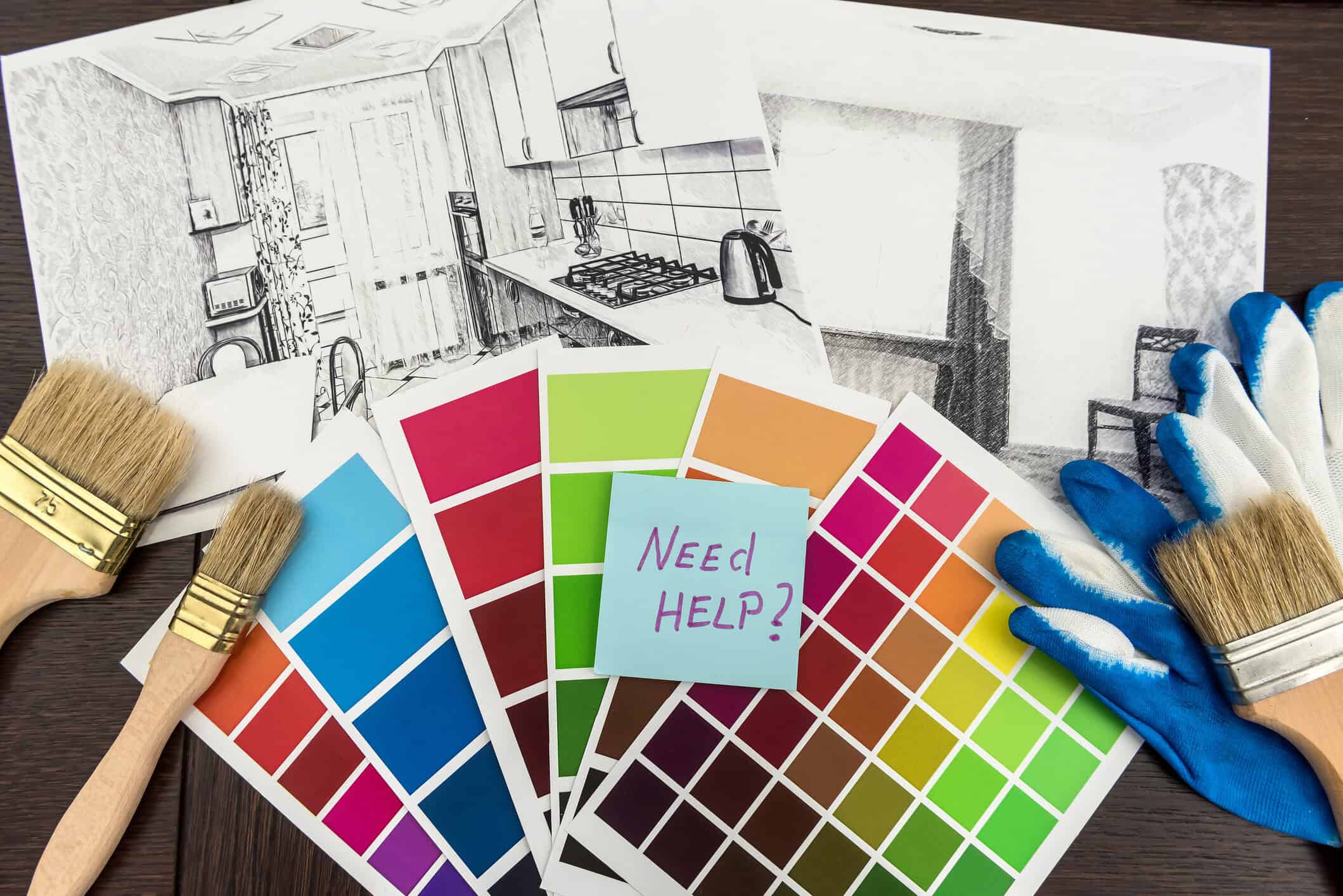 On office desk house sketch with color sample and brush. Workplace Architect On office desk house sketch with color sample and brush. Workplace Architect. Drawing renovation house. how to pick a second paint color